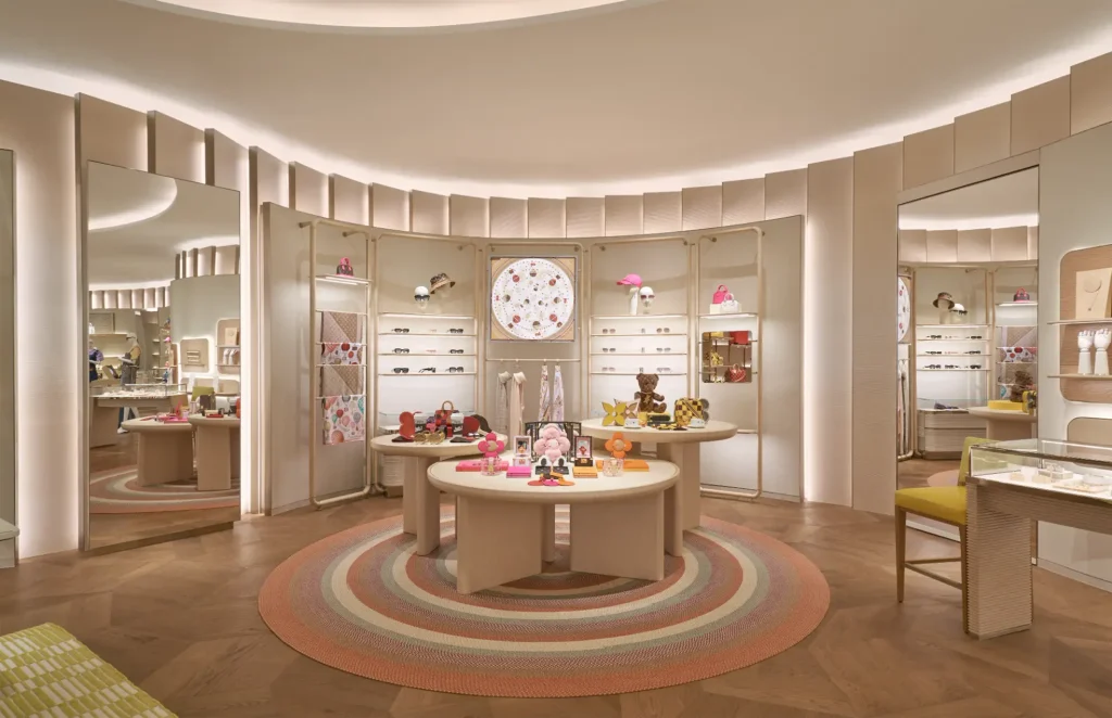 Interior view of LV The Place Bangkok showcasing high-fashion collections and luxury cafe ambiance at Gaysorn Amarin