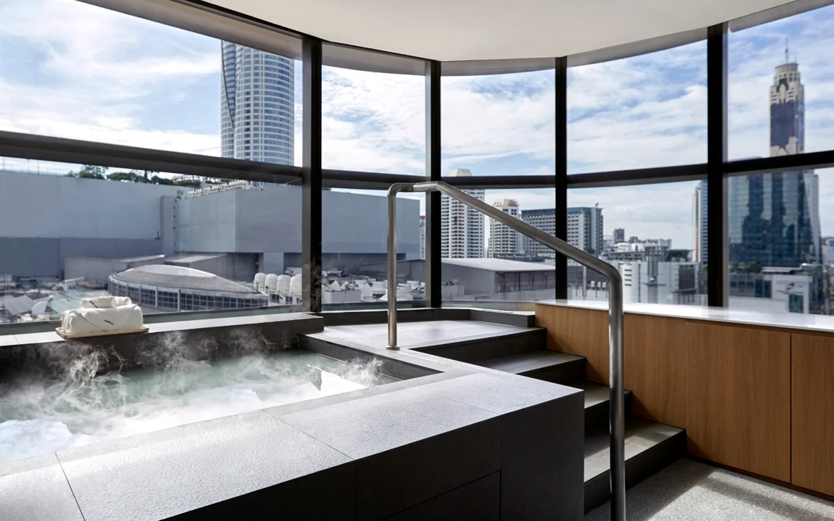 Panoramic 360-degree city view from the relaxation area at PAÑPURI WELLNESS, 12th floor Gaysorn Tower